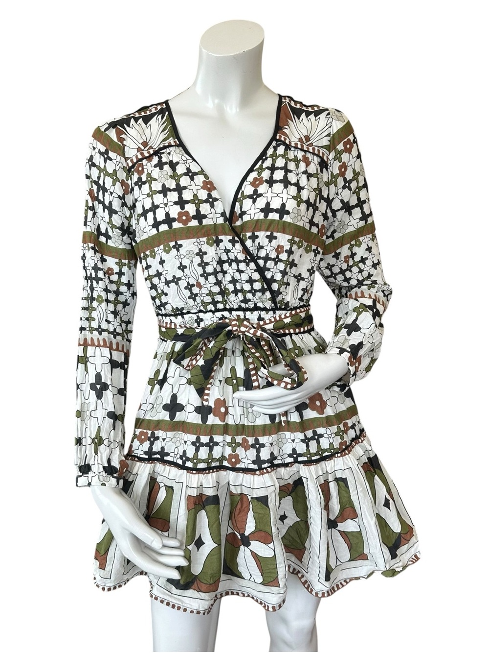 Cleobella Emory Olive Brown Cream Long Sleeve Belted Printed Mini Dress Size XS